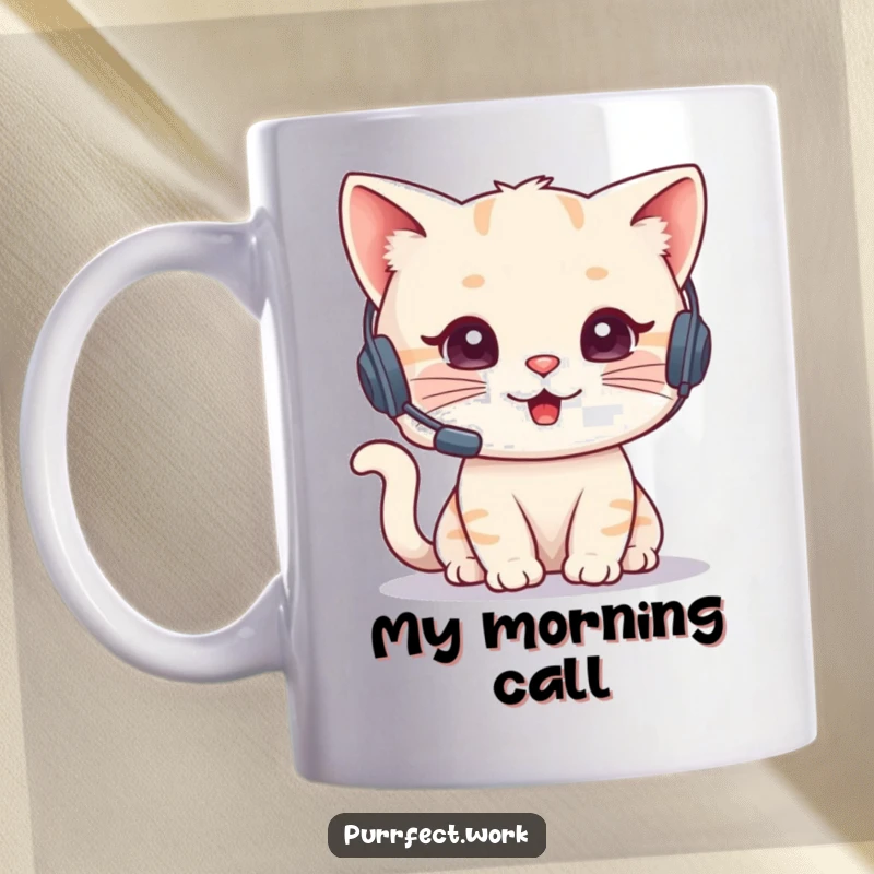 Funny Cat Agent Mug showing a cute cat wearing a tiny headset, actively talking on a phone with a focused expression. Business feline art.