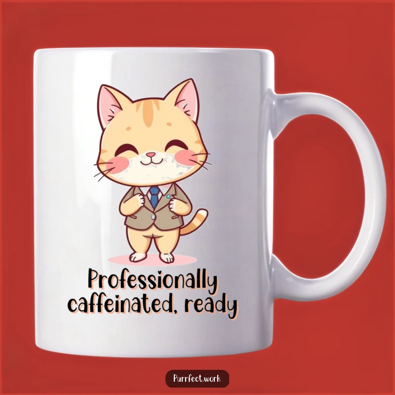 Funny Cat Boss Mug: Smiling Feline in Suit, Crossing Legs, Perfect Office Gift