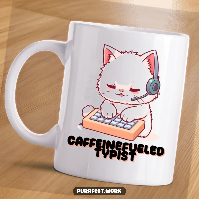 Funny fluffy white cat wearing a headset, typing rapidly on a tiny keyboard. Humorous techie cat design for coders.