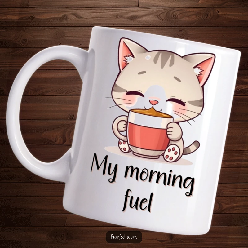 Funny cat coffee mug showing a content cat happily sipping from a tiny mug, symbolizing morning joy and caffeine love.