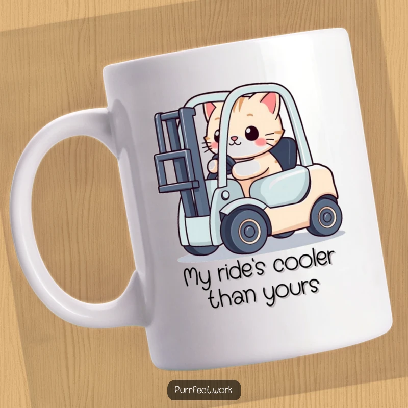 Funny cat character driving a small toy forklift with intense focus, perfect for a humorous kitchen accessory.