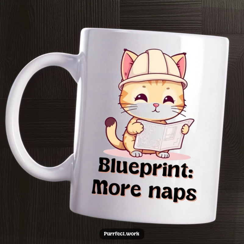 Funny mug showcasing a playful cat in a tiny hard hat, intently studying a blueprint, ready for construction.