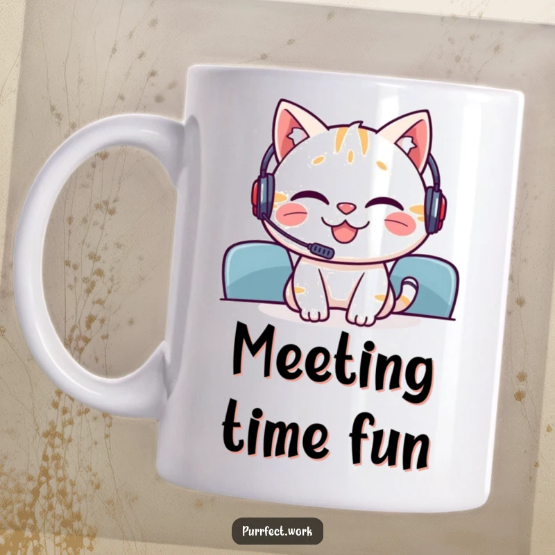 Funny mug featuring a grinning cat wearing a mini headset, participating enthusiastically in a meeting.