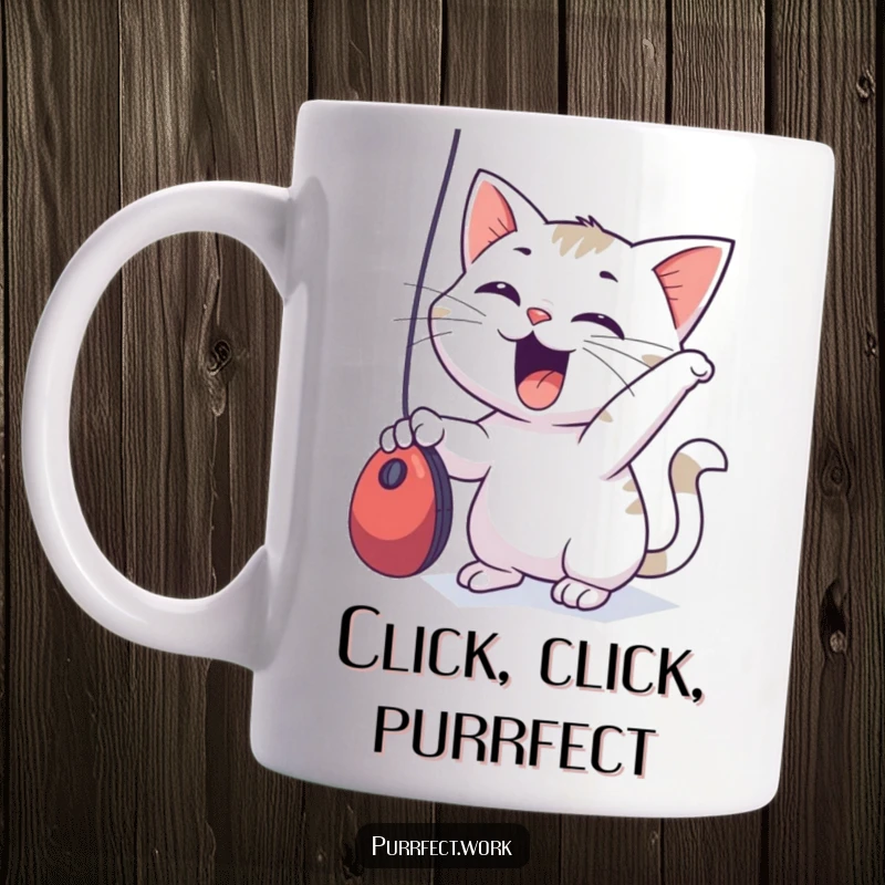 Funny Mug featuring an excited cat playfully batting at a dangling computer mouse, capturing feline curiosity.