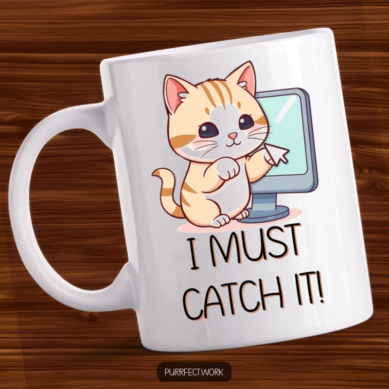 Funny coffee mug showing a cat playfully pawing at a computer mouse cursor on a digital screen, representing feline curiosity.