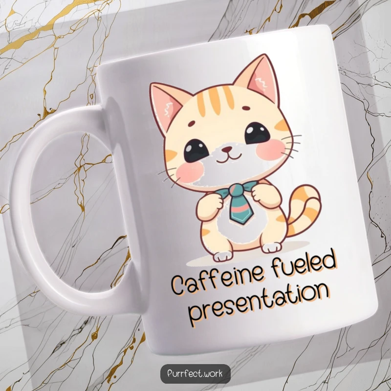 Funny cat mug with a cheerful cat character wearing a small tie, confidently giving a business presentation, pointing at an unseen chart.