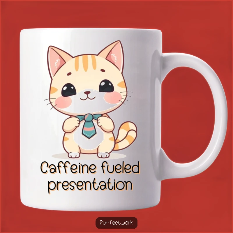 Funny Cat Presentation Mug: Cheerful Feline Speaker in Tie, Hilarious Office Gift