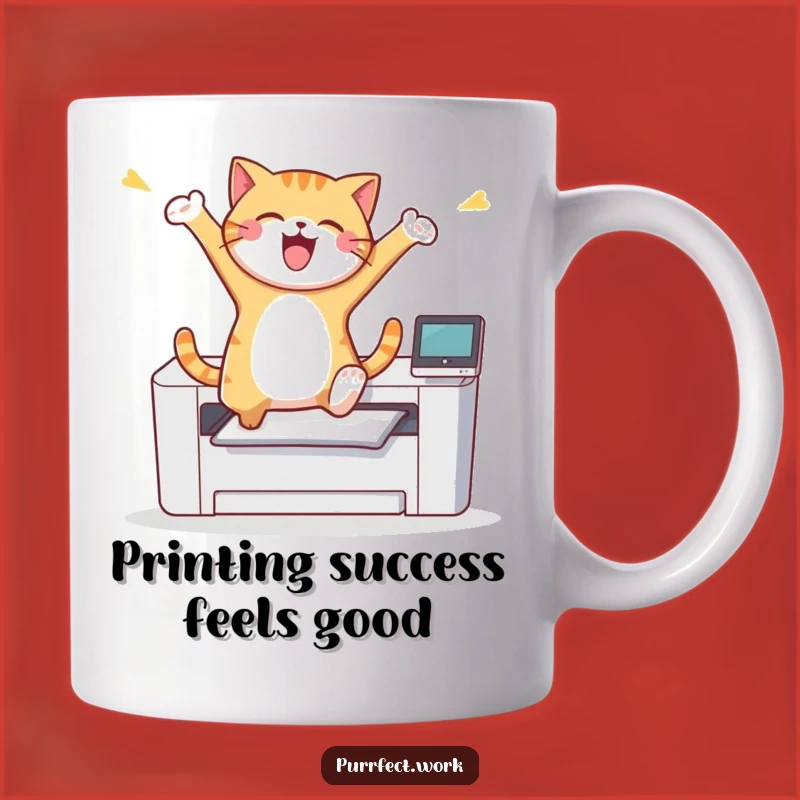 Funny Cat Printer Leap Mug: Joyful Feline's Celebration, Perfect Hilarious Gift