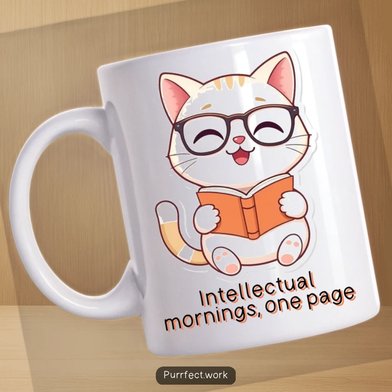 Funny Cat Reader Mug: A smiling cat wearing glasses is engrossed in reading a tiny book.