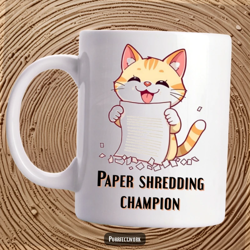 Funny cat mug showing a gleeful cat shredding a document with its claws, symbolizing office stress release and playful destruction.