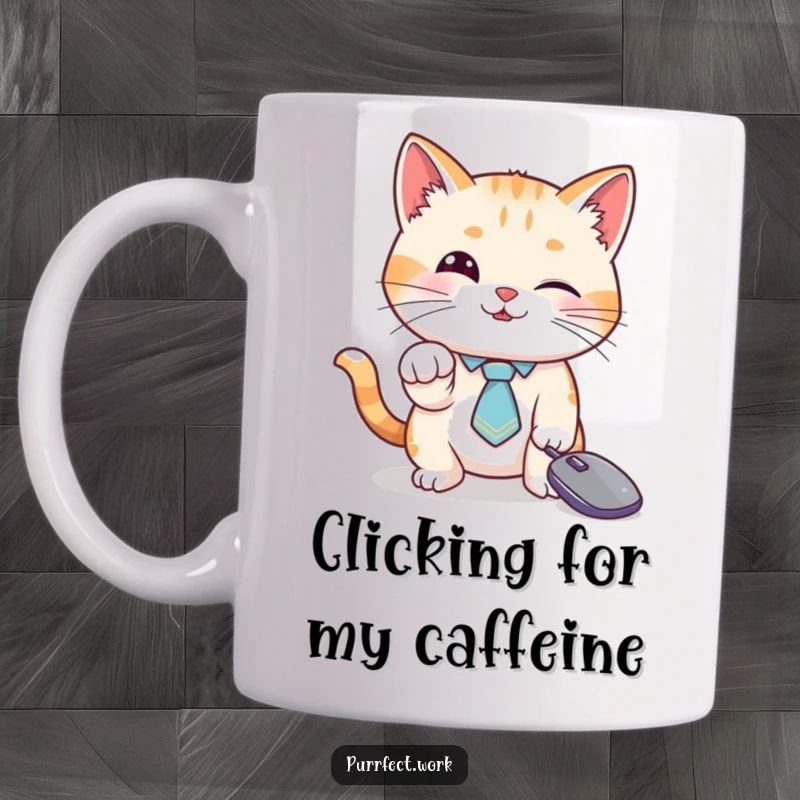 Funny cat mug, a cute feline in a tiny tie playfully batting a computer mouse cursor, perfect for tech lovers.