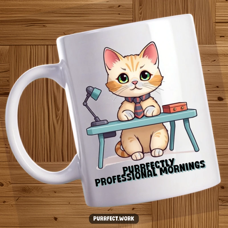 Funny mug featuring a distinguished cat wearing a tiny tie, sitting smartly at a miniature desk, ready for serious business.