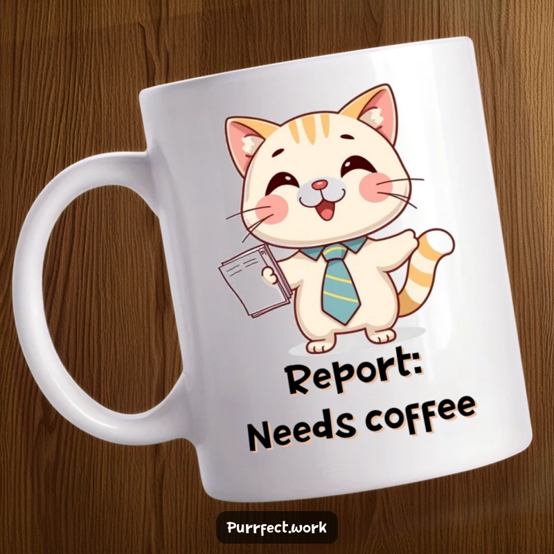 Funny mug with a happy cat wearing a tiny tie, professionally presenting a stack of papers, exuding cheerful business energy.