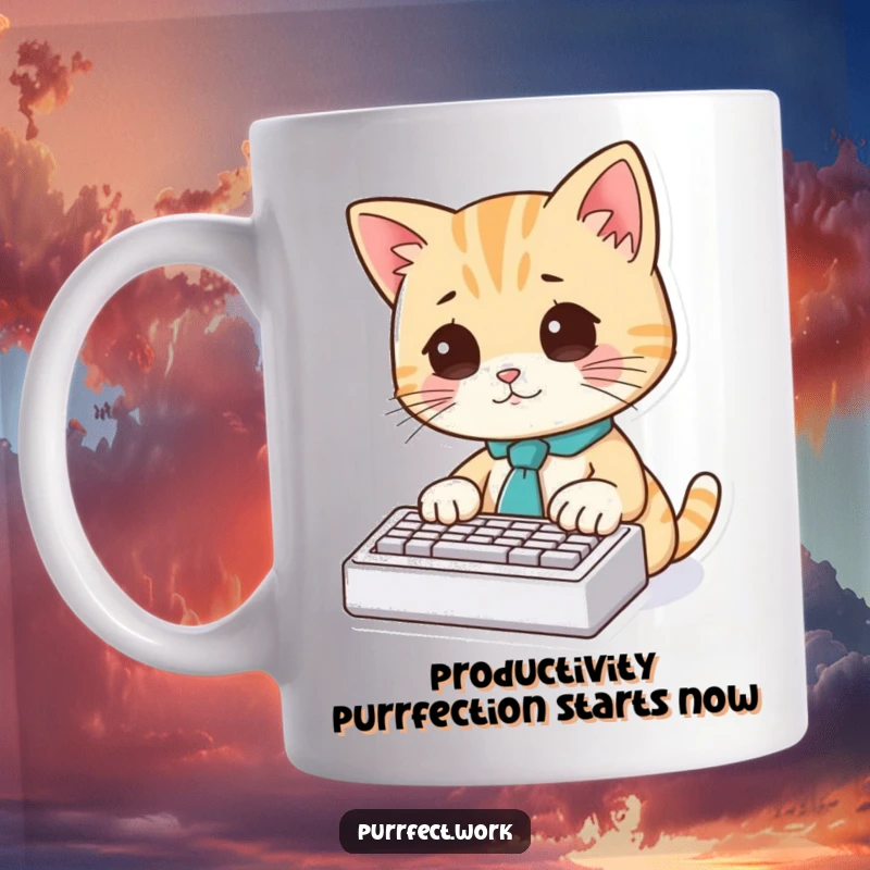 Funny Cat Typist Mug: A cute cat wearing a tiny tie, diligently typing on a miniature keyboard with a focused expression.