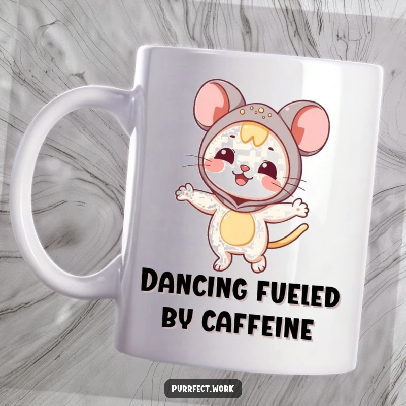 Funny Mouse Cat Mug: A happy cat is wearing a full mouse mascot costume and dancing energetically.
