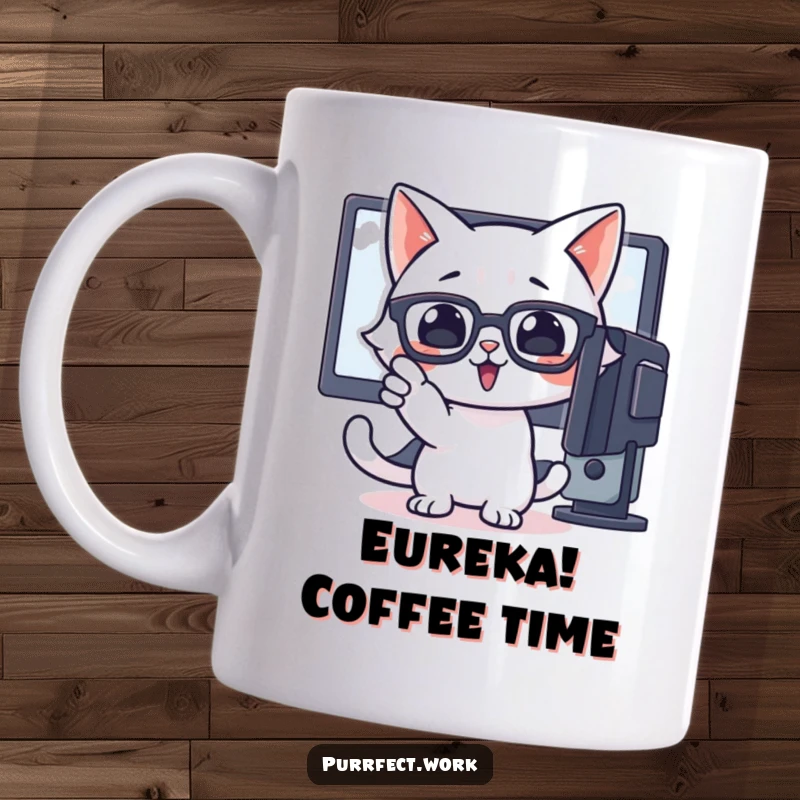 Funny mug with a cat wearing glasses enthusiastically pointing at a computer screen, representing insight and excitement.