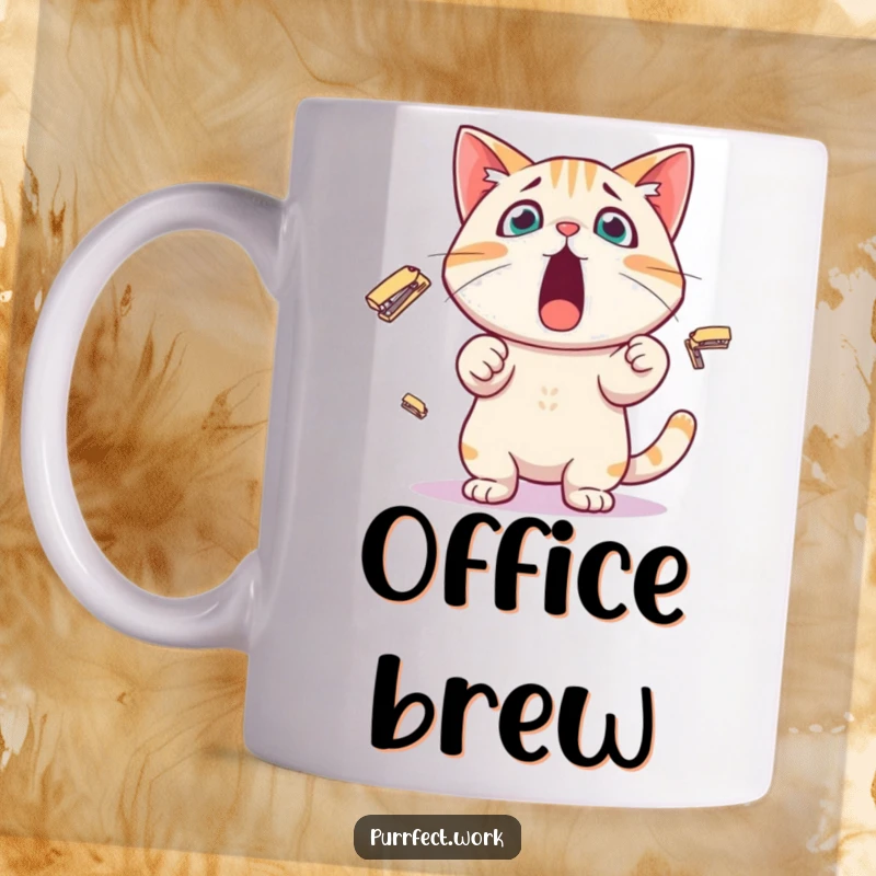 Funny Mug featuring a surprised cat character hilariously juggling tiny office staplers with wide eyes and a comical expression.