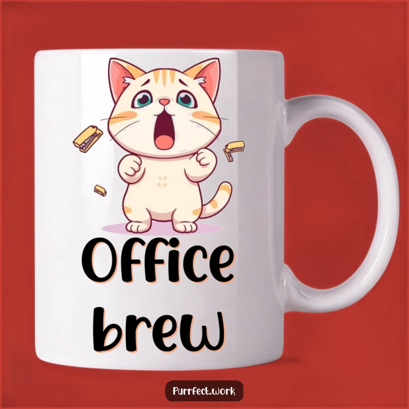 Funny Stapler Cat Mug: Surprised Juggler, Hilarious Office Gift Idea