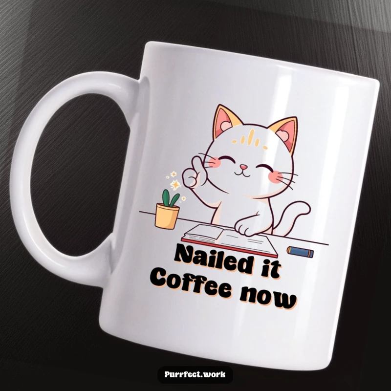 Funny mug with a cat at a desk giving a triumphant thumbs-up gesture, symbolizing success and accomplishment.