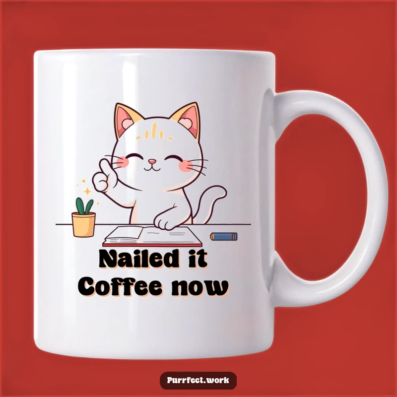 Funny Success Cat Mug - Triumphant Feline Achievement Gift