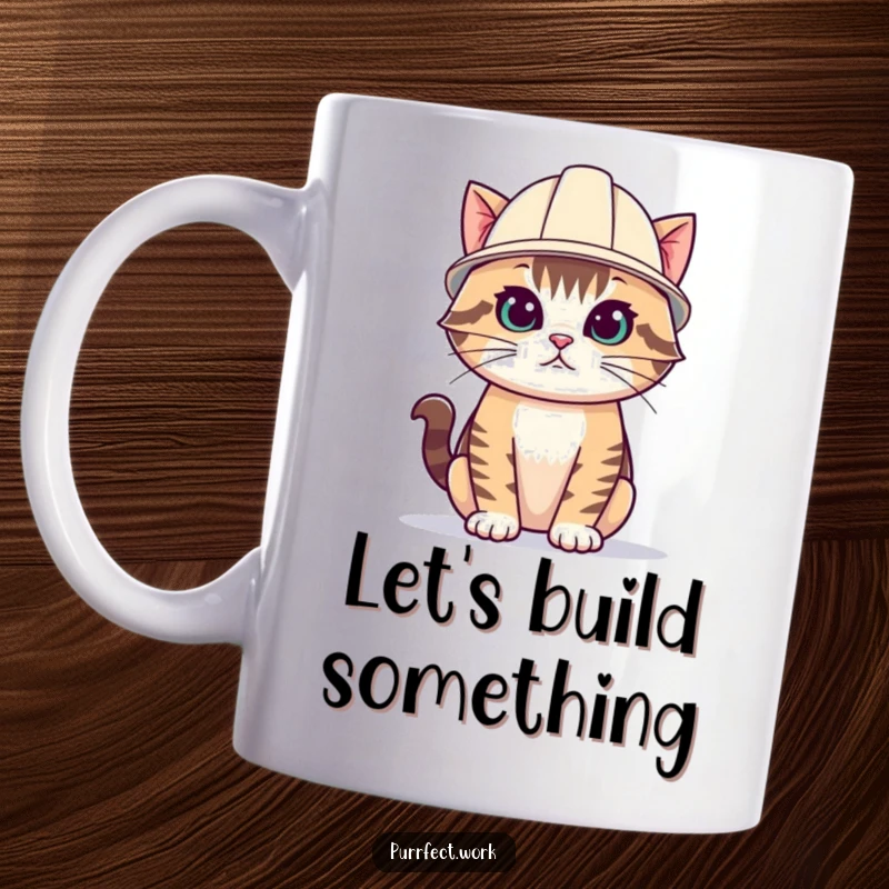 Funny cat mug with a determined feline wearing a small yellow hard hat, ready for construction or chaos.