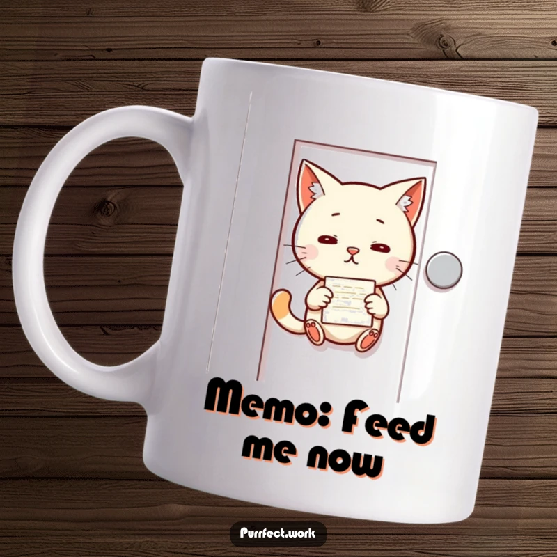 Funny mug featuring a mischievous cat slipping a tiny memo under an office door, embodying playful stealth.