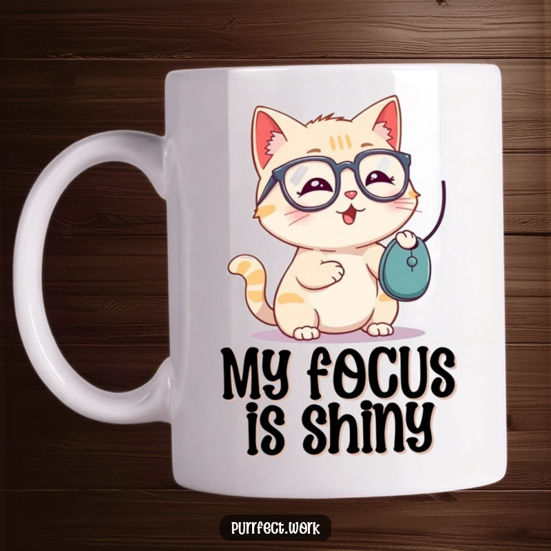 Funny mug featuring a playful cat wearing glasses, happily batting at a computer mouse, perfect for tech humor.