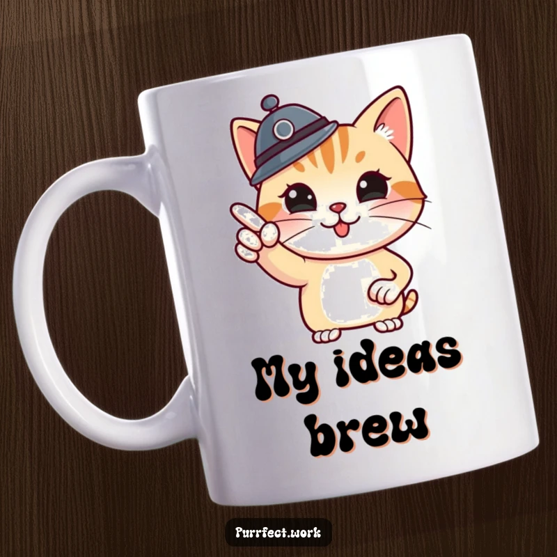 Funny boss cat mug, a proud cat in a tiny hat pointing at a whiteboard, exuding authority and humor for office gifts.