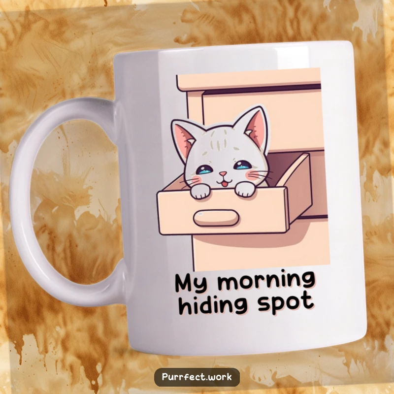 Funny Peek-a-Boo Cat Mug: A curious cat is peeking its head out from a slightly open desk drawer.