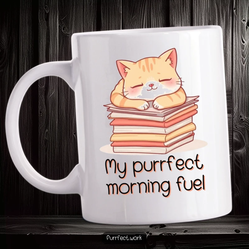 Funny content cat mug showing a sleepy feline napping on a messy stack of papers, perfect for office humor.