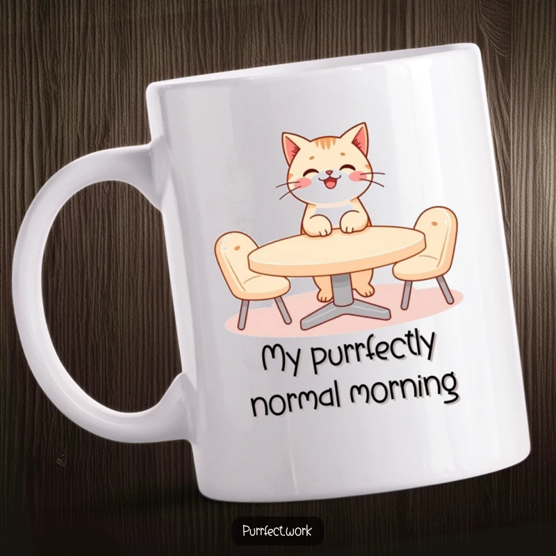 Funny cat mug with a smiling cat character in a tiny tie leading a business meeting around a miniature table, conveying office absurdity.