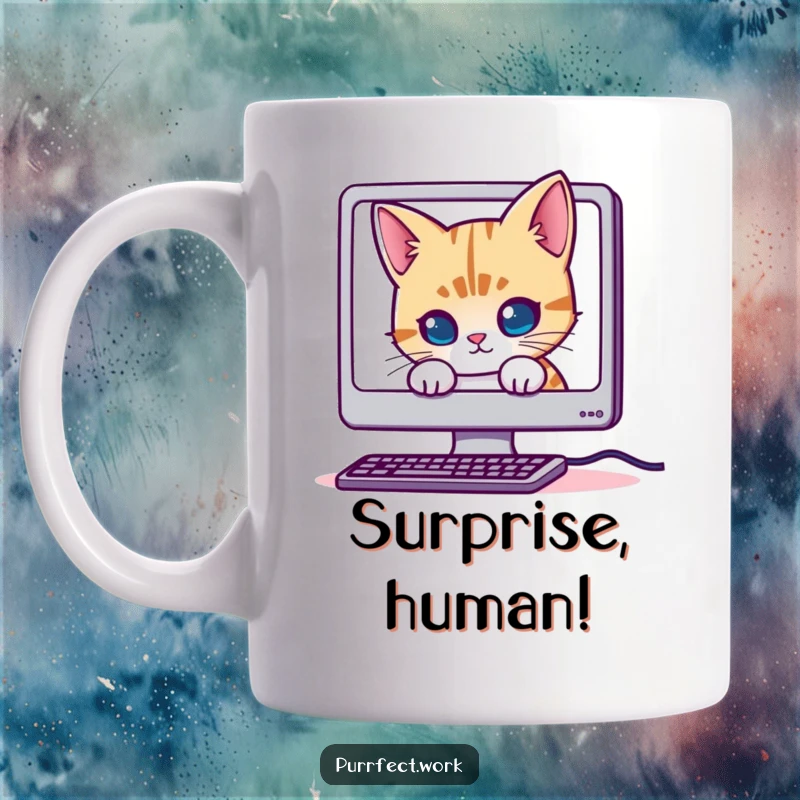 Funny Mischievous Cat Monitor Mug: A playful cat peeking from behind a computer screen, embodying stealthy digital fun.