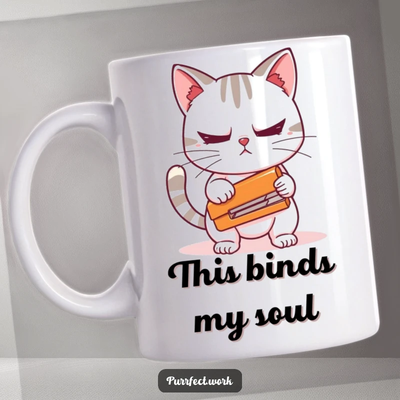 Funny cat nervously gripping a stapler on a ceramic mug, depicting office stress and relatable anxiety for a unique gift.