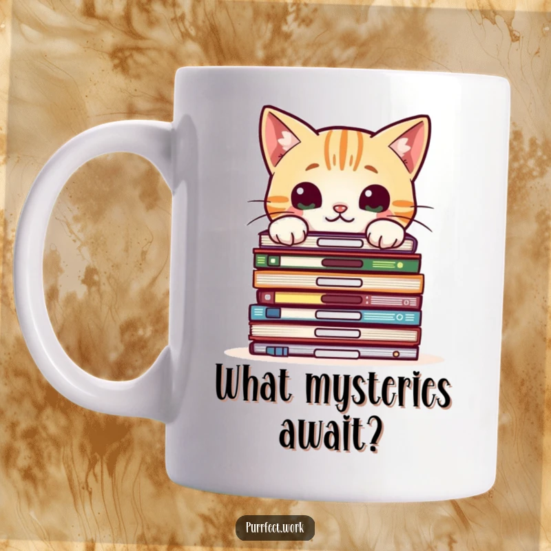 Funny mug featuring a curious cat peeking over a stack of office files, bringing a playful vibe.