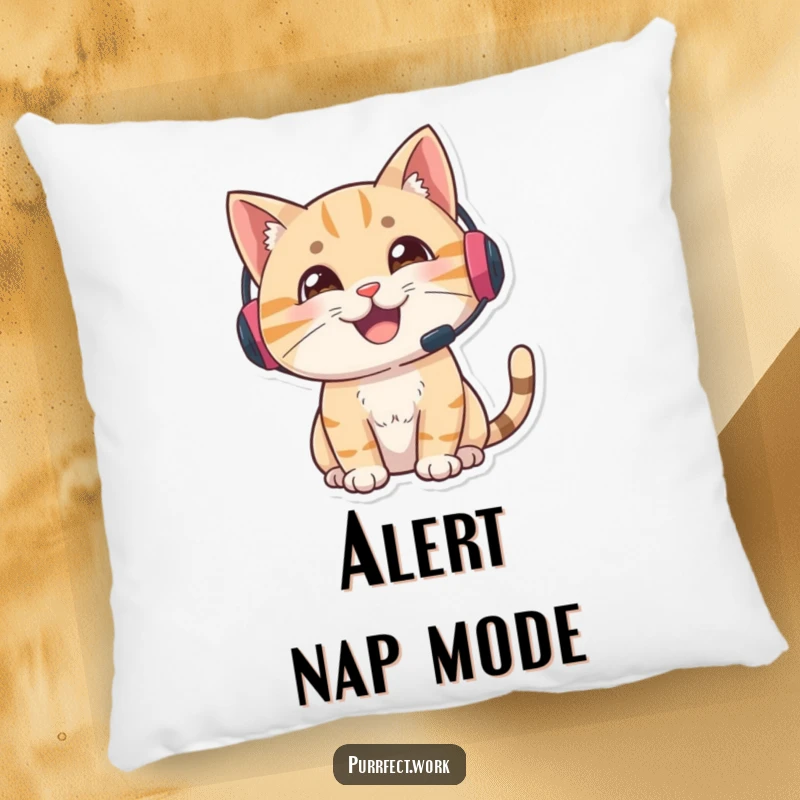 Funny gamer cat pillow, plush cushion featuring a cat with a headset looking alert and engaged, comfortable and humorous gaming decor.