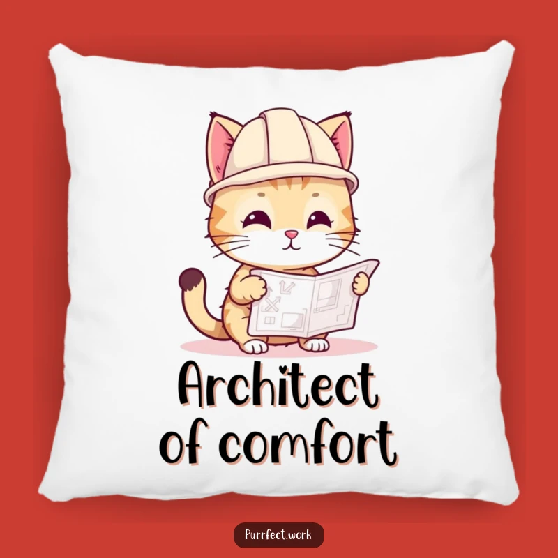 Funny Cat Hard Hat Pillow: Playful Builder Cat with Blueprint, Comfort Decor