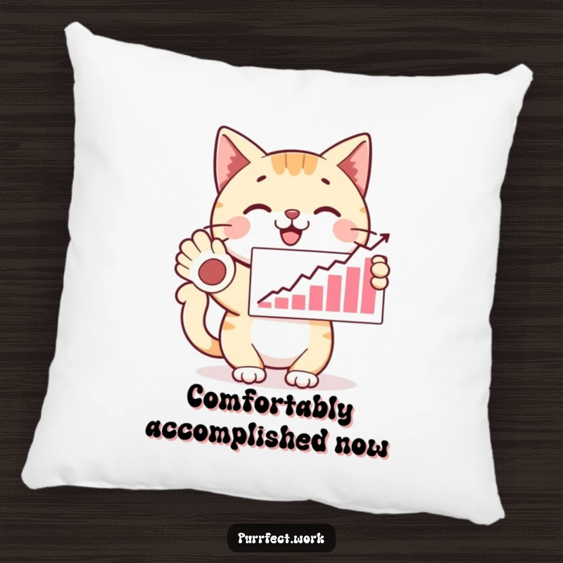 Funny happy cat presenting a graph with a paw, looking proud, a soft and humorous pillow for a funny gift.