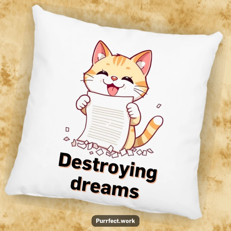 Funny cat shredding pillow featuring a cat gleefully tearing paper, offering comfort and a touch of playful mischief for any room.