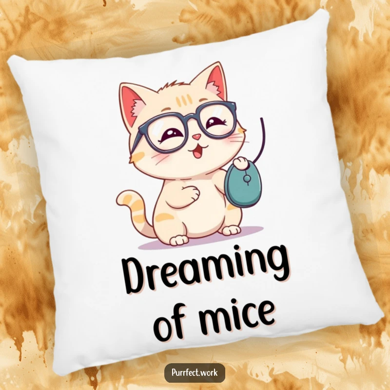 Funny pillow featuring a playful cat with glasses batting a computer mouse, ideal for adding charm to sofas.