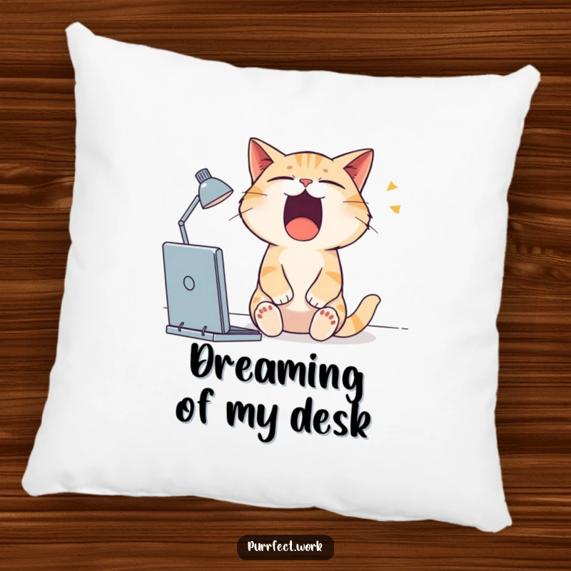 Funny cat pillow with a sleepy cat yawning widely at its desk, perfect for adding a touch of humor.