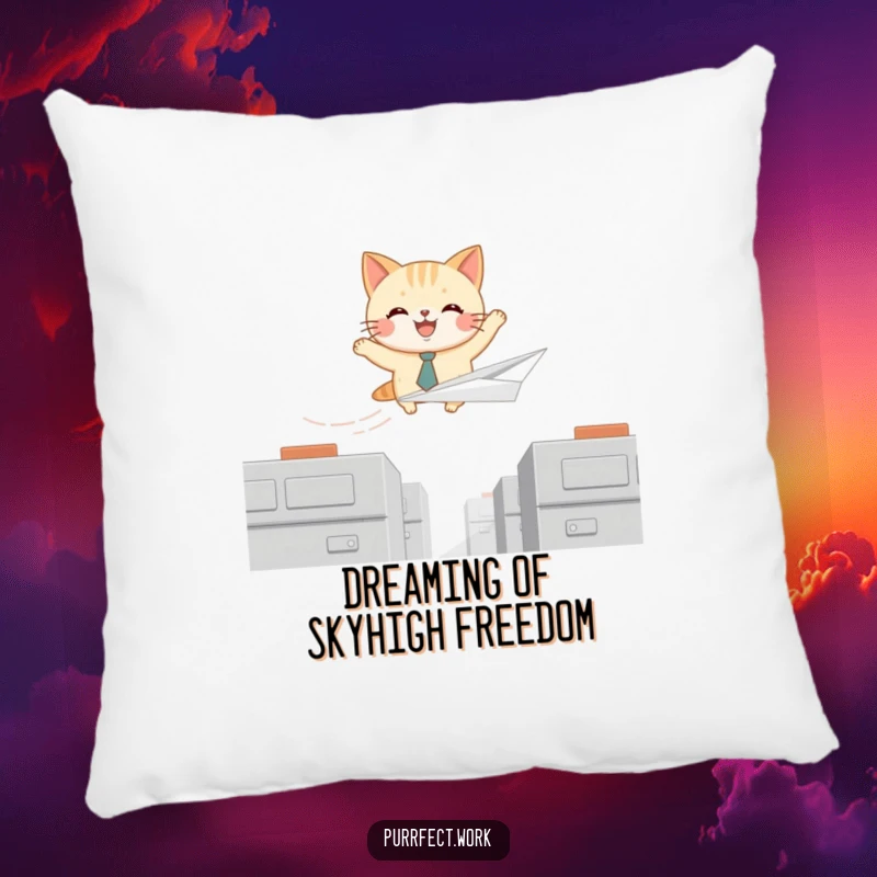 Funny pillow with a joyful cat in a tie flying a paper airplane over cubicles, providing soft comfort and humor.