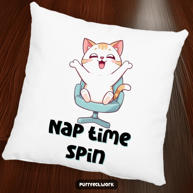 Funny pillow showcasing an enthusiastic cat joyfully bouncing on a swivel chair, offering both comfort and a burst of energetic humor.