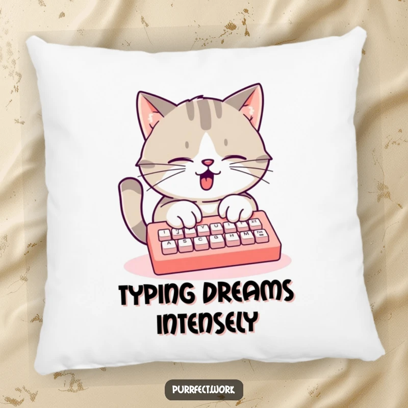 Funny busy cat pillow, a cat typing furiously on a mini keyboard, soft and decorative accent.
