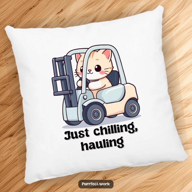 Funny cat character actively driving a small toy forklift, depicted on a soft pillow for a humorous decor accent.