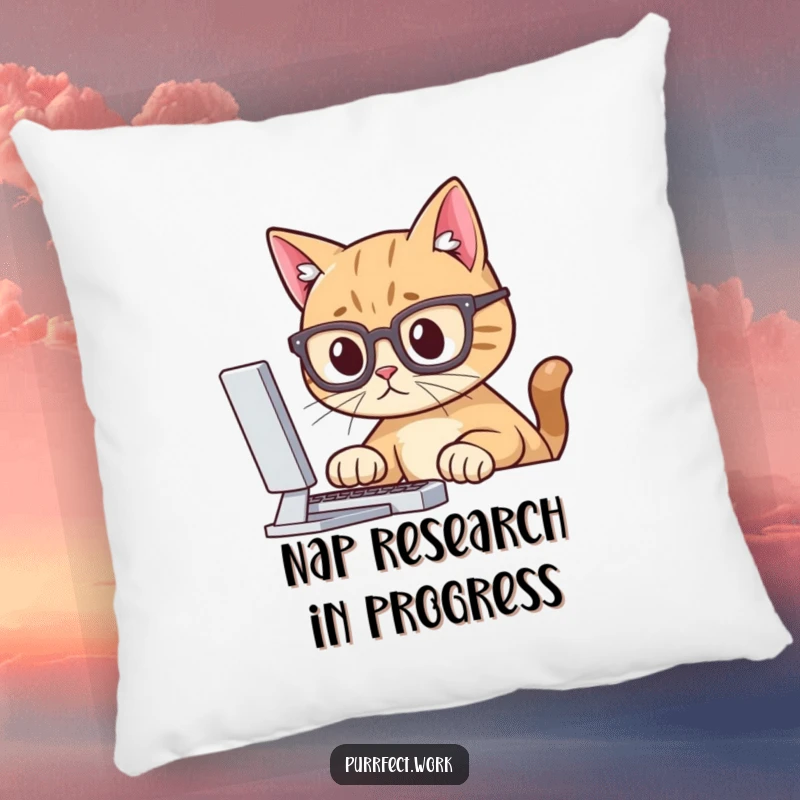 Funny pillow design of a cat with spectacles, concentrating on a computer screen, adding intellectual humor to decor.