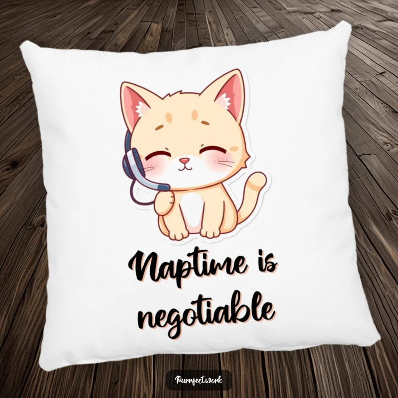 Cute and funny cat wearing a tiny headset, actively talking on a phone, looking very comfortable and humorous, on a soft throw pillow.