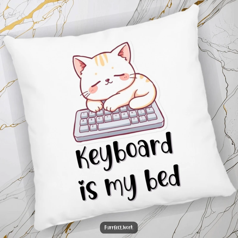 Funny cat character sleeping peacefully on a miniature keyboard, depicted on a soft pillow for a humorous accent.