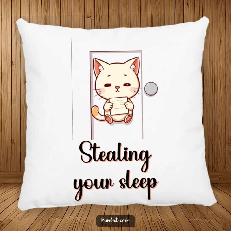 Funny decorative pillow with a mischievous cat slipping a memo under an office door, offering comfort and a sense of playfulness.
