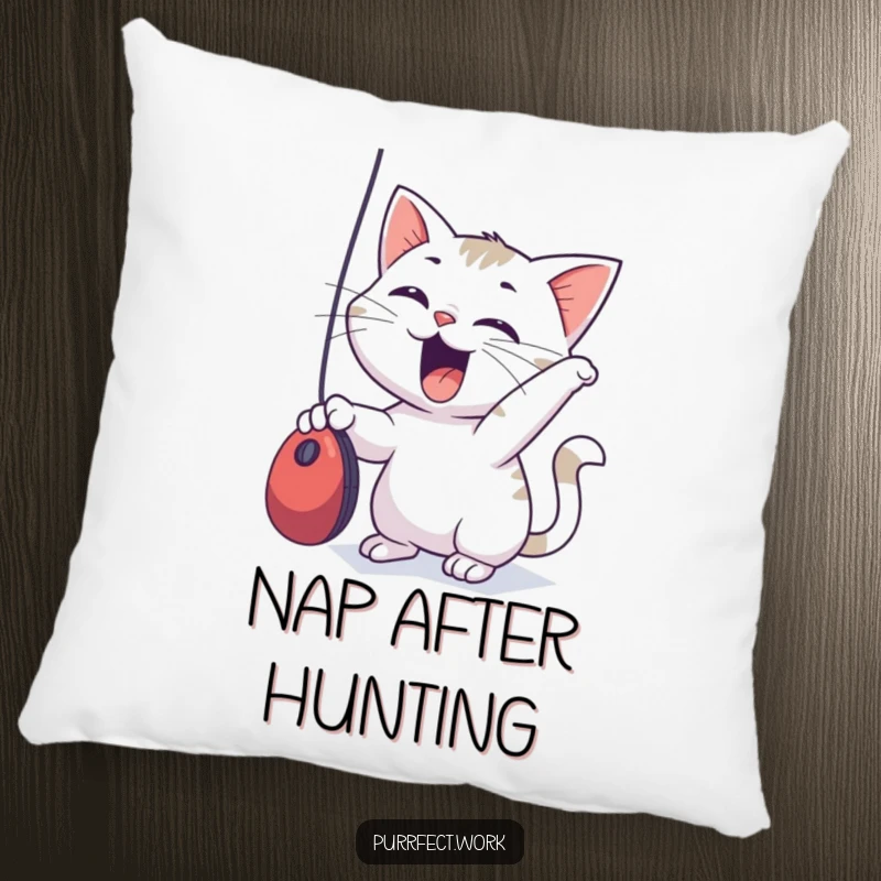 Funny Pillow featuring a cat gleefully batting at a dangling computer mouse, perfect for adding soft humor.
