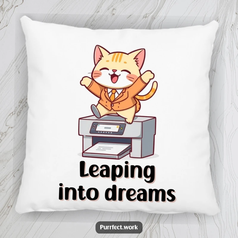 Funny cat pillow, a cat in a suit leaping over a printer, soft and decorative accent.